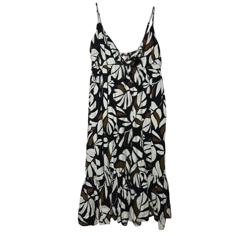 Tabitha Brown Target Linen Blend Tropical Leaf Print Midi Dress Brown Black 1X‎